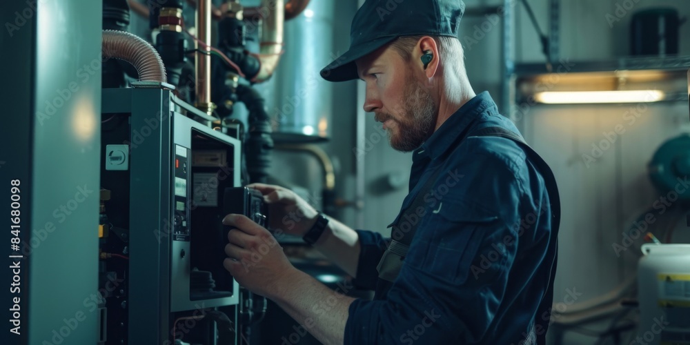 Professional plumber checking a boiler and pipes, boiler service concept Professional plumber checking a boiler and pipes, boiler service concept