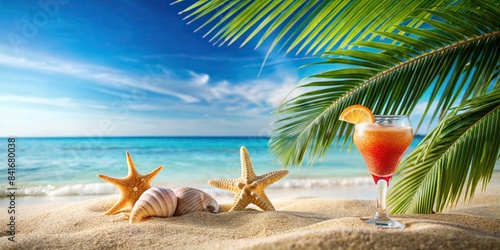 Relaxing drink on tropical beach with seashells and palm tree   vacation  relaxation  tropical  beach  drink  cocktail  shells  palm tree  paradise  summer  ocean  coast  sand  sunny  exotic