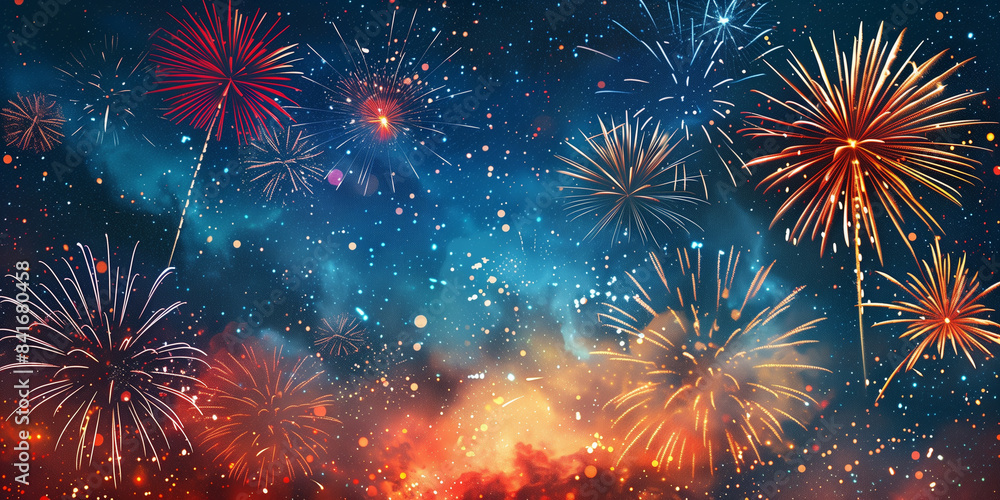Fototapeta premium Stunning fireworks display lighting up the night sky with vibrant colors and dazzling patterns. Perfect for celebrations, New Year's Eve, Fourth of July, and festive backgrounds.