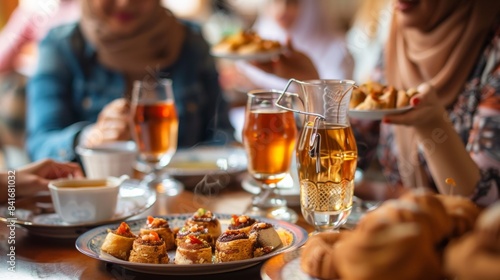 A group of friends sharing homemade sweets and tea after iftar, enjoying each other's company during Ramadan