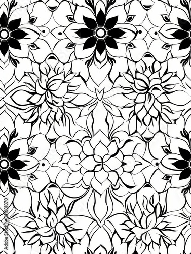 Seamless Stencil-Style Mandala Pattern in Black on White Background