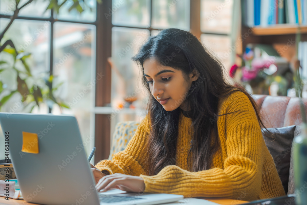 Young adult indian student woman taking notes while using laptop computer at home. Millennial ethnic female learning online listening virtual video call. Business and education concept Young adult indian student woman taking notes while using laptop computer at home. Millennial ethnic female learning online listening virtual video call. Business and education concept