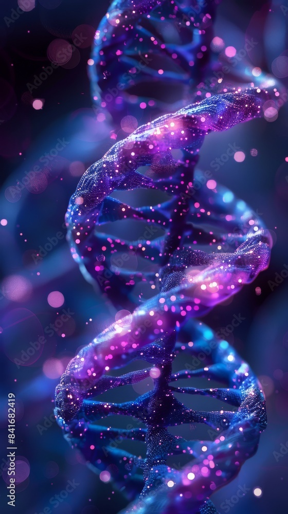 A digital illustration of a DNA double helix, glowing in vibrant purple and blue hues against a dark background. The image features a detailed and intricate representation of the molecule, with sparkl A digital illustration of a DNA double helix, glowing in vibrant purple and blue hues against a dark background. The image features a detailed and intricate representation of the molecule, with sparkl