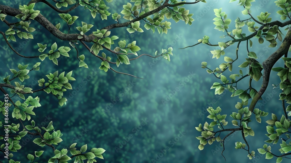 Nature landscape with trees and branches adorned with vibrant green leaves forming the background image Nature landscape with trees and branches adorned with vibrant green leaves forming the background image