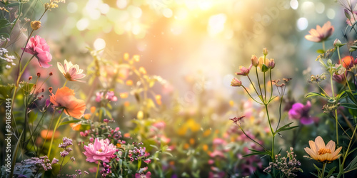 Beautiful garden with colorful flowers in soft sunlight