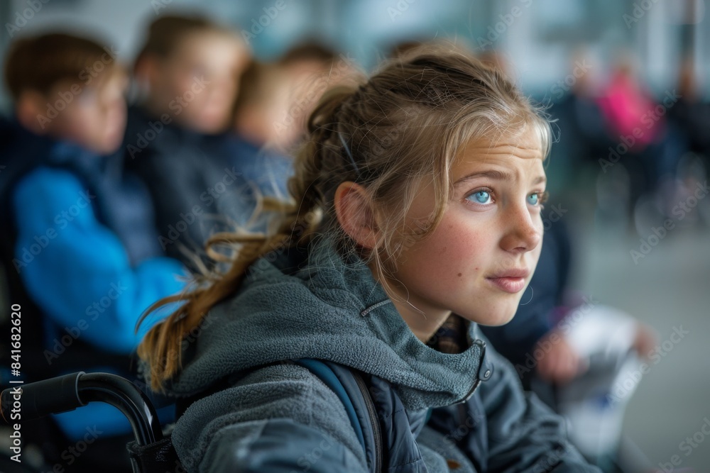A young girl in a wheelchair sits in a waiting area, gazing out of a window with a thoughtful expression. A young girl in a wheelchair sits in a waiting area, gazing out of a window with a thoughtful expression.