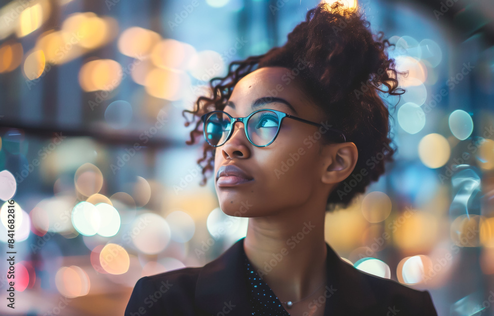 Thoughtful young woman in glasses with city lights background Thoughtful young woman in glasses with city lights background