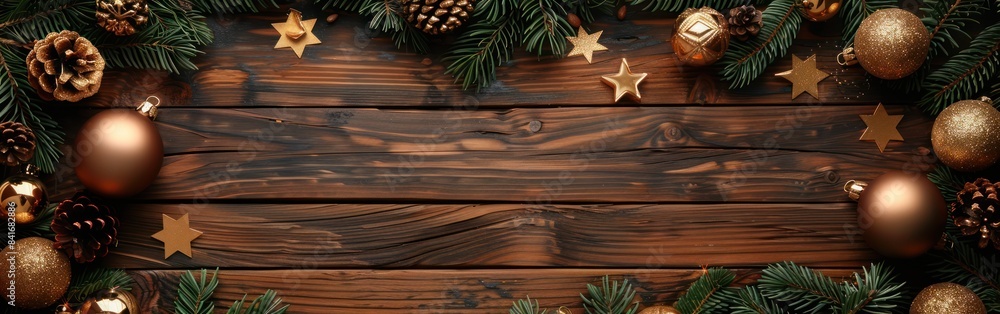 Christmas Advent Greeting Card Frame with Pine Branches, Copper Baubles, and Stars on Rustic Wooden Table - Top View Holiday Background Christmas Advent Greeting Card Frame with Pine Branches, Copper Baubles, and Stars on Rustic Wooden Table - Top View Holiday Background