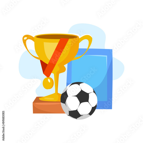 Sport trophy concept cartoon vector illustration. Football soccer trophy icon for banner, online course, poster etc. Championship golden reward with a ball and diploma. Winner golden prize set.