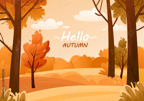 Cartoon autumn background vector illustration. Natural fall landscape with trees and hills. Park or forest in harvest season. Flat autumnal outdoor art for camping, traveling. Fall september banner