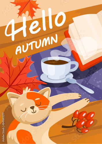 Cartoon autumn card with a cup of pumpkin spice latte coffee, cat, maple leaves and book. Cozy fall vector illustration. Cute seasonal background design for banner, poster, card, book, social networks