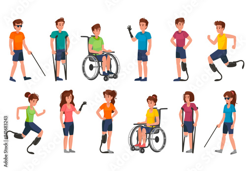 Inclusive People characters cartoon vector illustration. Young people with different types of physical disability. World Disabled day concept. Flat style people in wheelchair, blind with prosthesis.