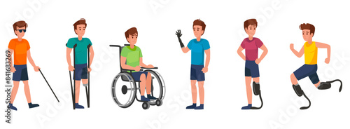 Inclusive People characters cartoon vector illustration. Young people with different types of physical disability. World Disabled day concept. Flat style people in wheelchair, blind with prosthesis.