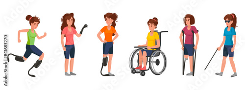 Inclusive People characters cartoon vector illustration. Young people with different types of physical disability. World Disabled day concept. Flat style people in wheelchair, blind with prosthesis.