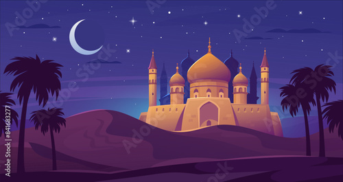 Cartoon Muslim mosque. Islamic background with a mosque at night in the desert. Eid Mubarak greeting card. Flat style Ramadan Kareem vector illustration. Arabian night scenery.