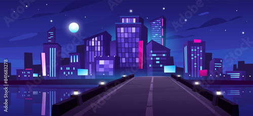 Night city cartoon vector illustration. Urban landscape with skyscraper silhouettes near the quay at night. Glowing futuristic city downtown with city road, bridge over water, full moon, starry sky.