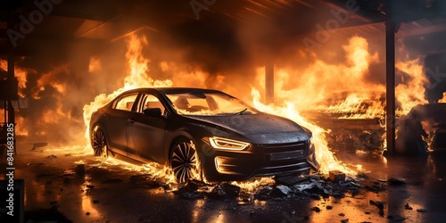 Electric car lithium battery fire due to damage or overcharging poses risks. Concept Electric Car Safety, Lithium Battery Risks, Overcharging Awareness, Fire Prevention, Safety Precautions