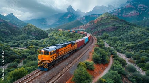 Freight train carrying containers through rugged mountain terrain, showcasing the power of logistics.