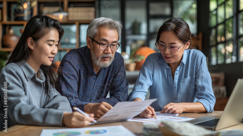 Asian family budgeting together at a table, discussing finances and reviewing documents. Perfect for illustrating family financial planning, teamwork, and money management