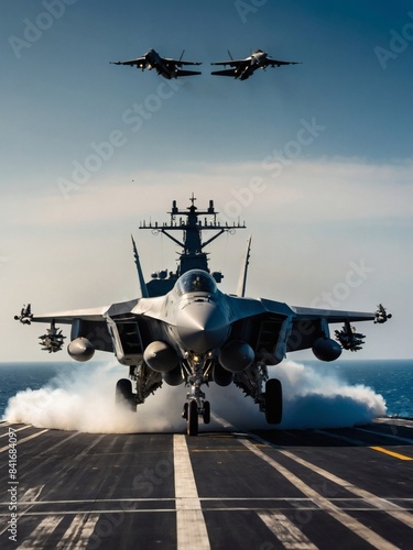 A panoramic glimpse of a military aircraft carrier, its deck bustling with fighter jets taking off for a special operation in a warzone. photo