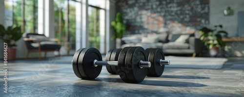 Home gym with heavy dumbbells on the floor, large windows, and plants, creating an inspiring and focused fitness environment.