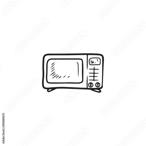 Microwave oven for heating food in black isolated on white background. HAnd drawn vector sketch illustration in doodle engraved vintage line art style. Kitchen equipment, cooking, food
