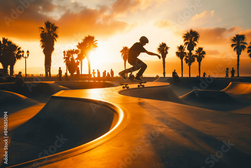 Young skateboarder doing kickflip in a skatepark at sunset