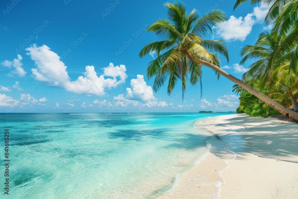 The turquoise blue water and blue skies of a tropical paradise beach are complemented by coco palms