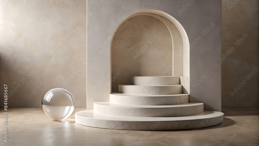 Sophisticated Plaster Podium with Pastel Beige Accents and Glass Ball. Perfect for: elegant product showcases, architectural presentations, artistic exhibitions, luxury product launches. Sophisticated Plaster Podium with Pastel Beige Accents and Glass Ball. Perfect for: elegant product showcases, architectural presentations, artistic exhibitions, luxury product launches.