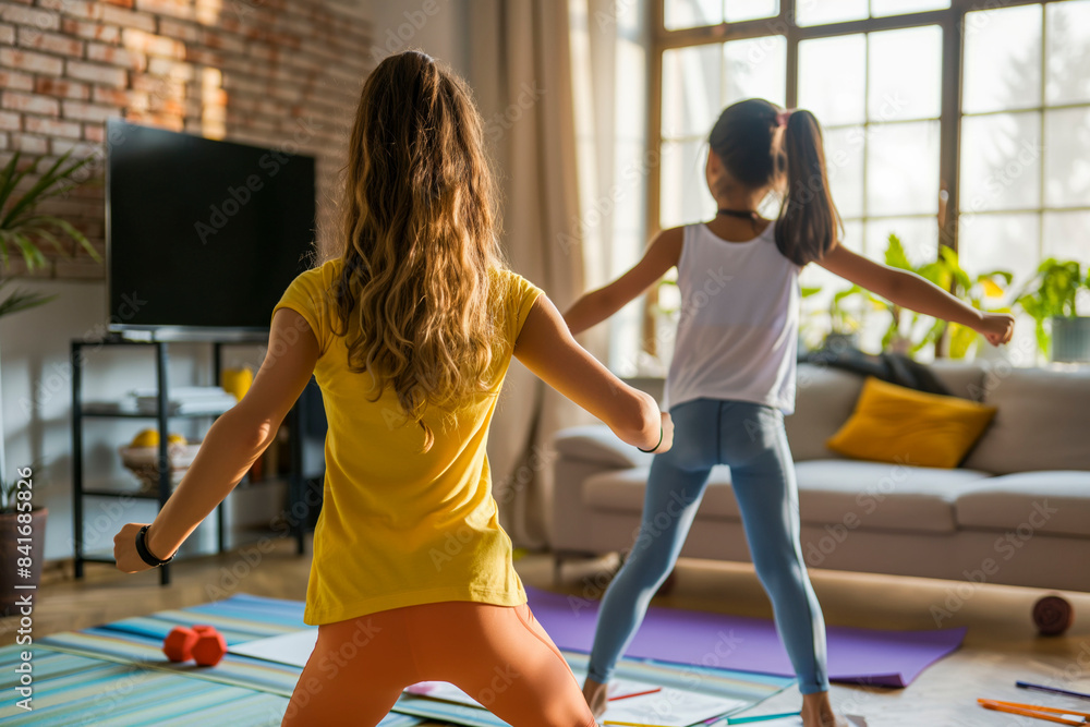 Obraz premium Girls practicing yoga at home