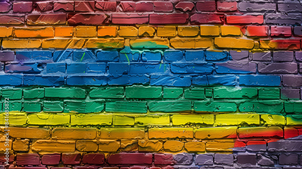 Fototapeta premium Vibrant Rainbow-Colored Brick Wall with Weathered Texture