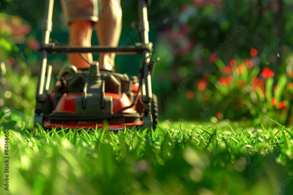 Fototapeta premium With each sweep of the mower captured in close-up, the man brings order to the chaos of the lawn, sculpting the vegetation into a harmonious tapestry