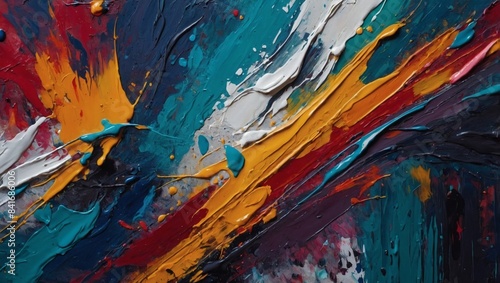 Abstract art painting with vibrant colors and textured brushstrokes  created with oil paint and palette knife on canvas.