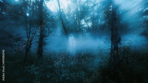 A blurred ghostly apparition captured in the woods at twilight  creating an eerie and mysterious atmosphere.