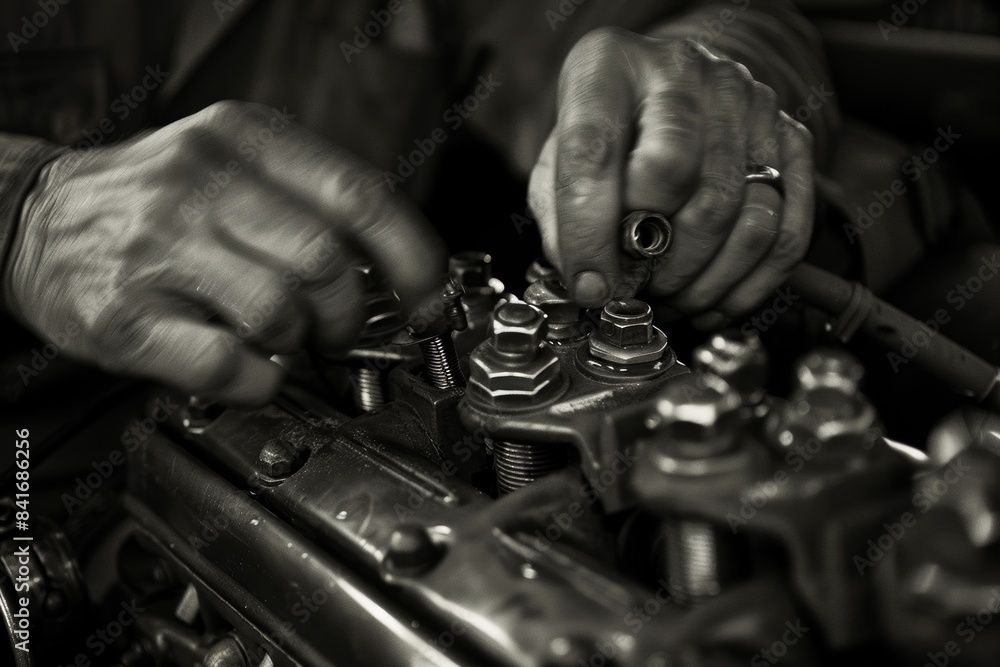 Mechanic Tightening Bolts on Car Engine for Precision and Careful Automotive Service Mechanic Tightening Bolts on Car Engine for Precision and Careful Automotive Service