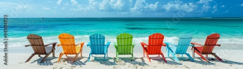 Colorful beach chairs lined up on a pristine tropical beach overlooking turquoise ocean waters under a bright blue sky with fluffy clouds.