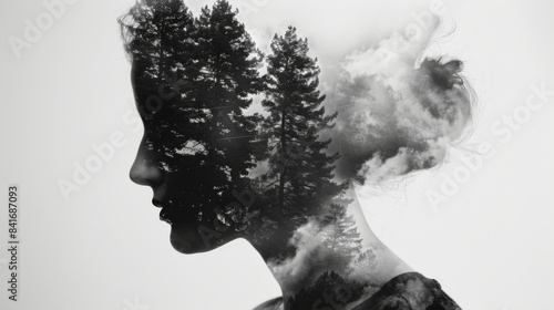 A black and white double exposure photograph showcasing a womans profile overlaid with a forest scene, creating a surreal and ethereal atmosphere. © Svyatoslav Lypynskyy