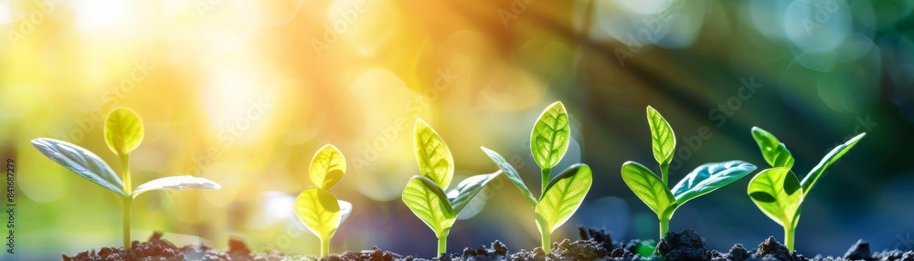 Row of seedlings growing in soil with sunlight. Concept of growth, natural development, and green sustainable future. Row of seedlings growing in soil with sunlight. Concept of growth, natural development, and green sustainable future.