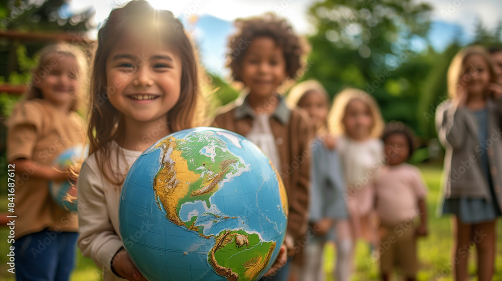 Smiling Children Holding Globes in Outdoor Setting Smiling Children Holding Globes in Outdoor Setting