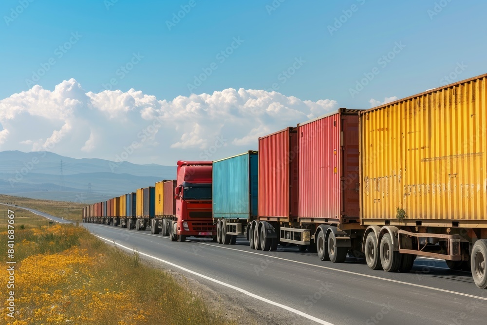 Line of colorful cargo trucks driving on a road under a clear blue sky with wildflowers Line of colorful cargo trucks driving on a road under a clear blue sky with wildflowers