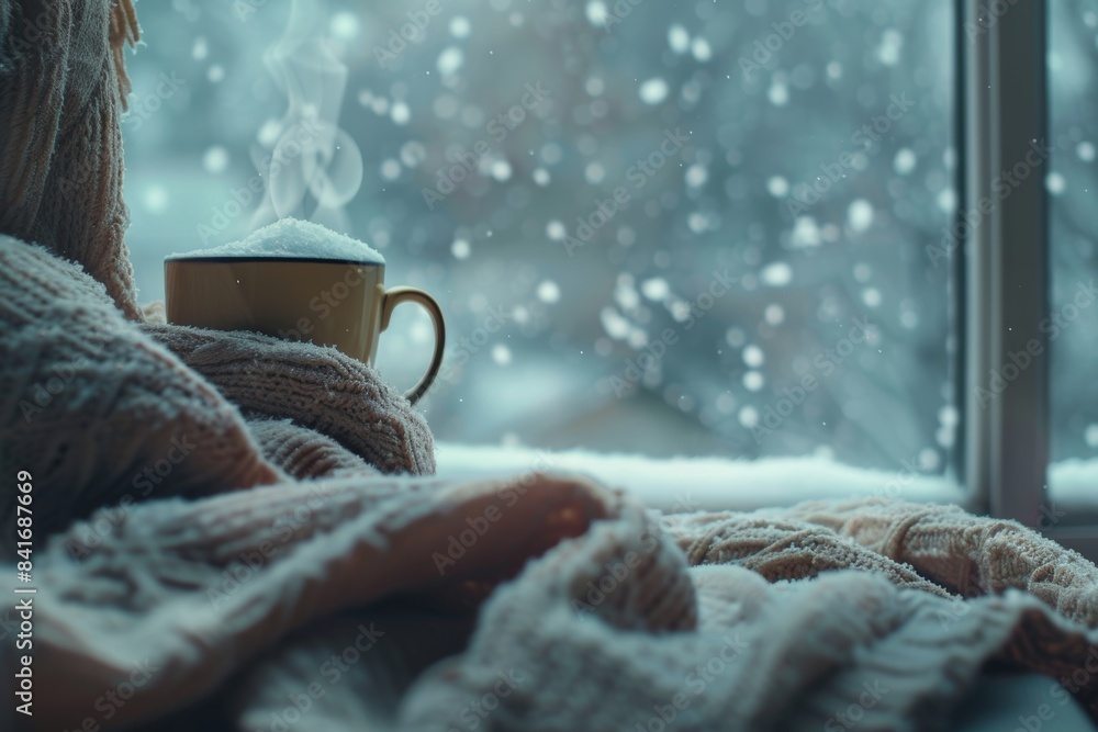 Winter Comfort: Cozy Blanket and Steaming Cup of Tea by Snowy Window Winter Comfort: Cozy Blanket and Steaming Cup of Tea by Snowy Window