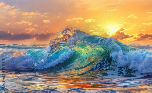 The colorful ocean wave. The sea water in crest shape. Sunset light and beautiful clouds in the background.