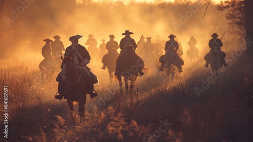 A group of horsemen ride through a field at sunset, their silhouettes bathed in golden light Independence day of America