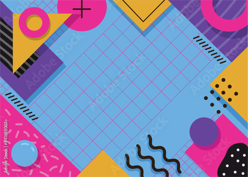 Aesthetic background with a 1990 theme featuring blue,pink, purple, lime green,and yellow colors
