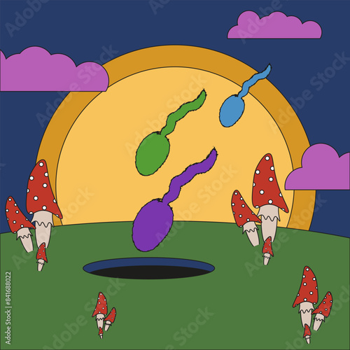 Vibrant color Psychedelic art with cute grunge texture Sperm.  Funky psycho design t-shirt print. Surrealism vector illustration. EPS 10