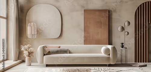 sleek interior deign with abstract cession set in pink color on the sofa wit hone sofa type new chair on the front of the isolated blue color 