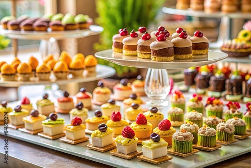 Petit fours displayed on a beautiful dessert table at a bakery, petit fours, desserts, beautiful, table, bakery, pastries, assortment, elegant, display, gourmet, colorful, sweet, treat, small photo