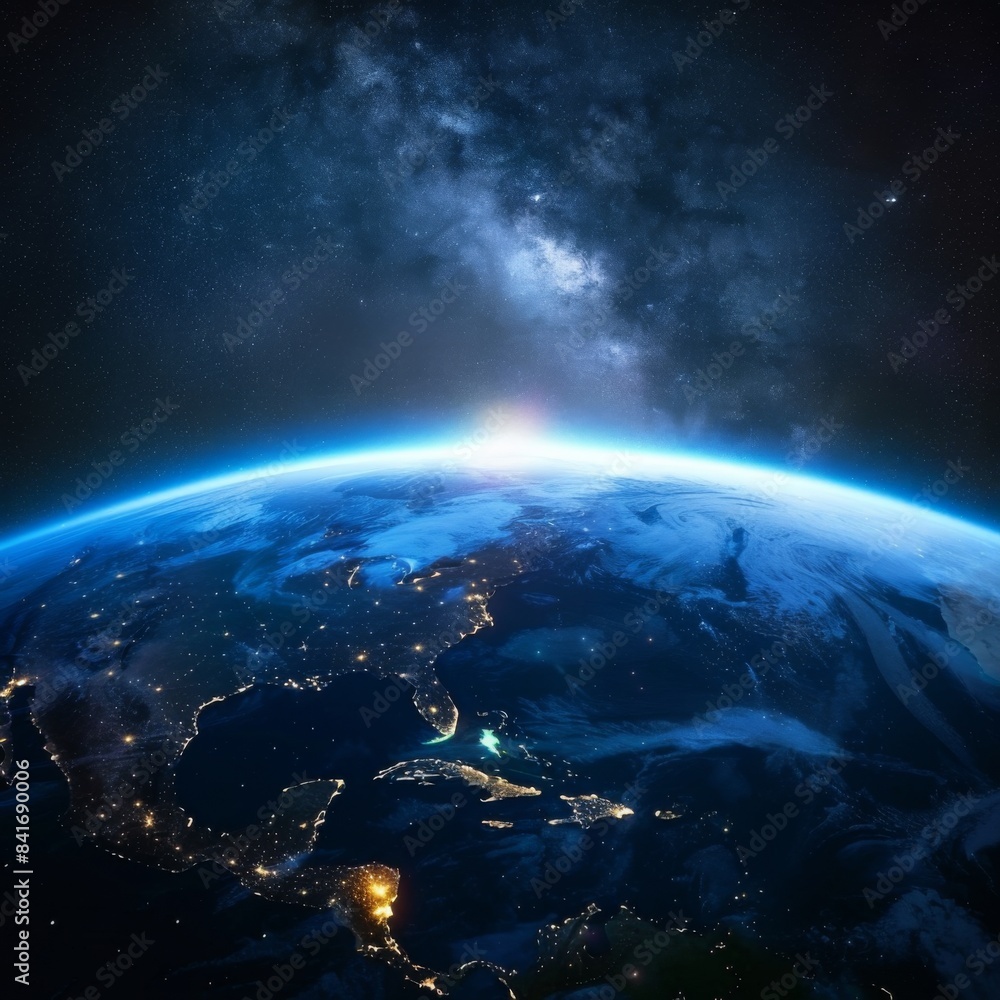 Fototapeta premium A breathtaking wide-angle view of Earth from space, showcasing the eastern coast of North America bathed in the glow of city lights against a backdrop of the Milky Way.