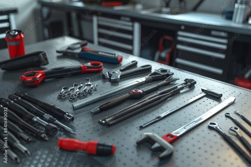 Fototapeta premium High-Quality Car Maintenance Tools Arranged on a Metal Workbench in a Clean, Organized Garage