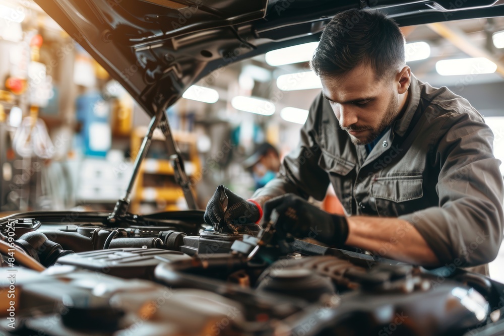 Skilled Auto Mechanic Inspecting Under the Hood in a Modern Service Garage with Tools Visible Skilled Auto Mechanic Inspecting Under the Hood in a Modern Service Garage with Tools Visible